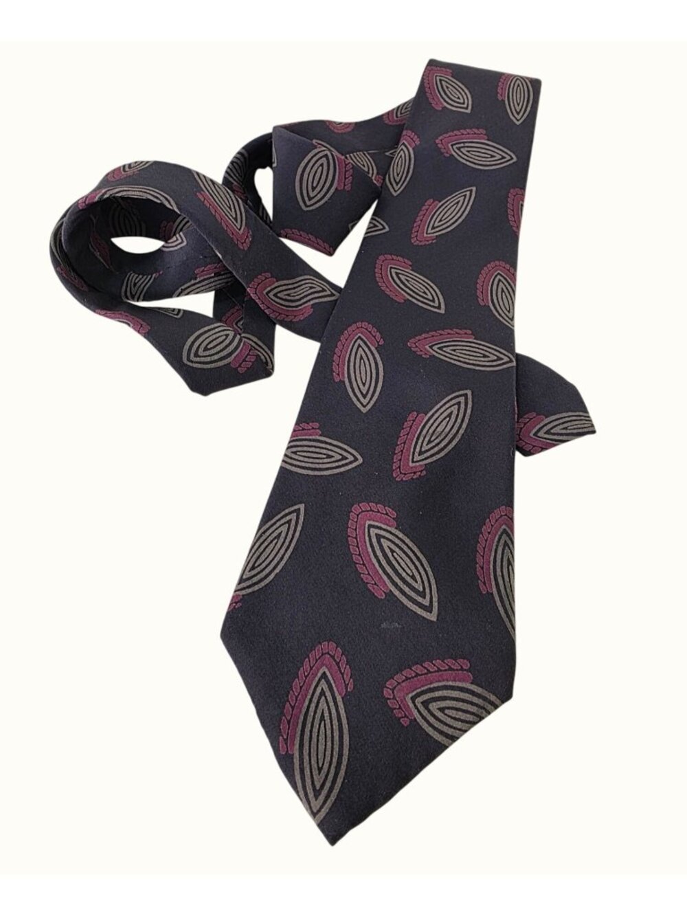 YSL Vintage 90s Tie Silk Crepe Brown Tan Rose Abstract Oval Swirl Geometric 3.5”